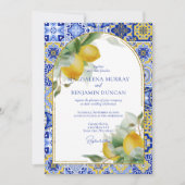 Elegant Gold Arch Italian Blue Tile Lemons Wedding 招待状 (正面)