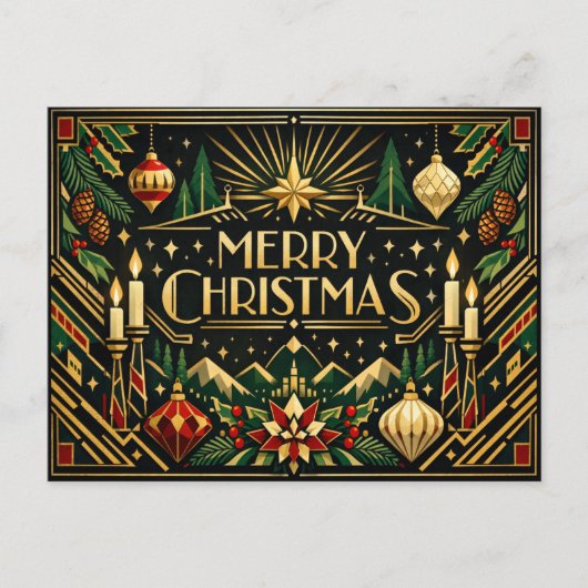 Elegant Gold Art Deco Merry Christmas シーズンポストカード (正面)