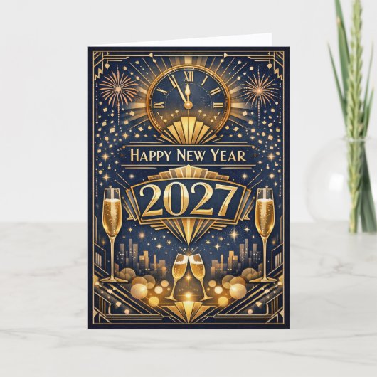 Elegant Gold Art Deco New Year Celebration シーズンカード (正面)