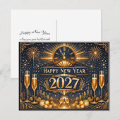 Elegant Gold Art Deco New Year Celebration シーズンポストカード (正面/裏面)