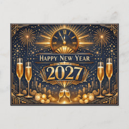 Elegant Gold Art Deco New Year Celebration シーズンポストカード