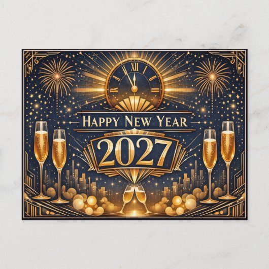 Elegant Gold Art Deco New Year Celebration シーズンポストカード (正面)