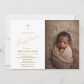 Elegant Gold Baby Boy Baptism Photo Invitation 招待状 (正面)