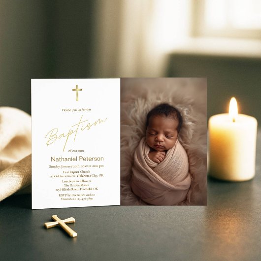 Elegant Gold Baby Boy Baptism Photo Invitation 招待状