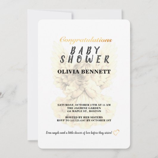 Elegant Gold Baby Girl Angel Shower Invitation 招待状 (正面)