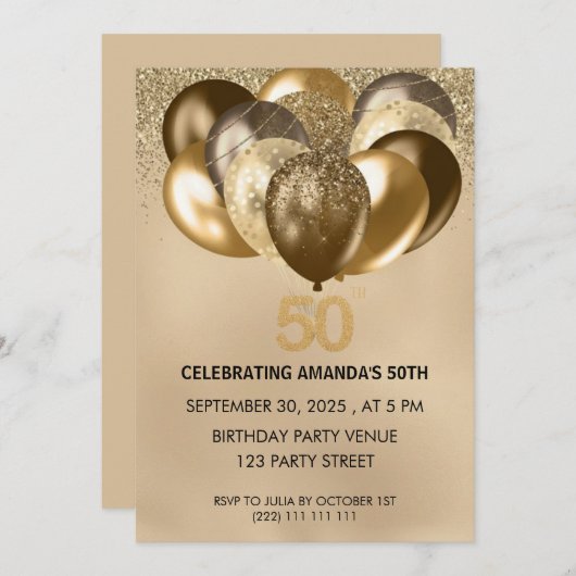 Elegant Gold Balloons 50th Birthday Invitation 招待状 (正面/裏面)