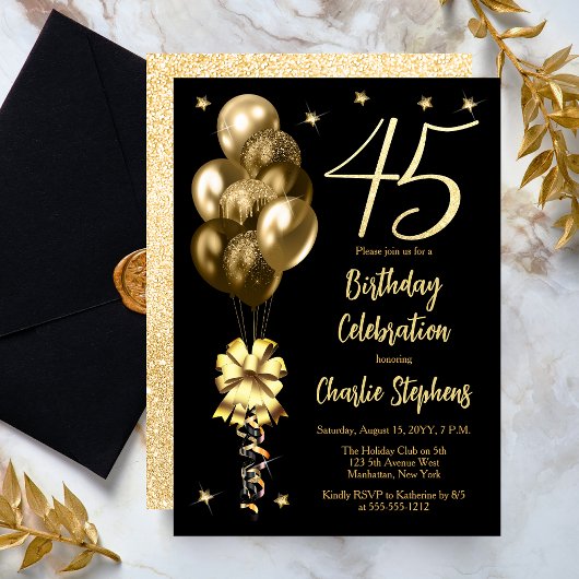 Elegant Gold Balloons on Black 45th Birthday Party 招待状