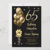 Elegant Gold Balloons on Black 65th Birthday Party 招待状 (正面)