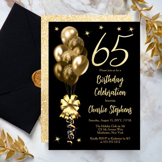 Elegant Gold Balloons on Black 65th Birthday Party 招待状