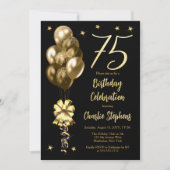 Elegant Gold Balloons on Black 75th Birthday Party 招待状 (正面)