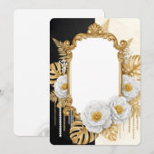 Elegant Gold Baroque Frame with White Flowers & Mo 招待状 (正面/裏面)