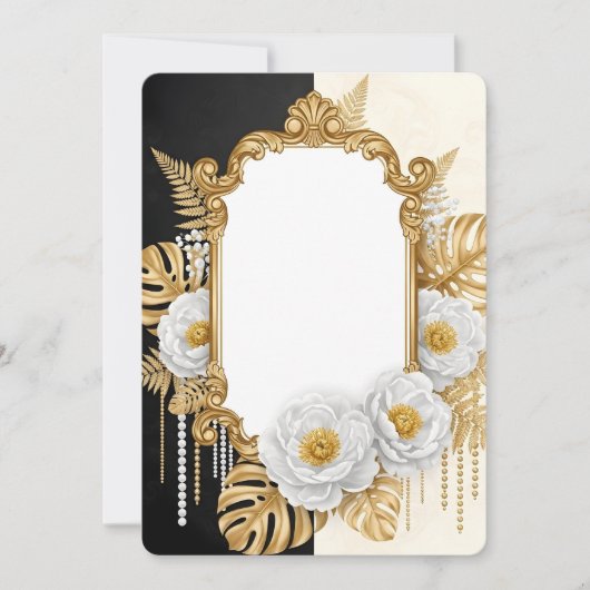 Elegant Gold Baroque Frame with White Flowers & Mo 招待状 (正面)