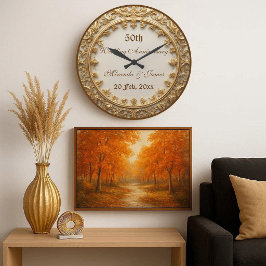 Elegant Gold Baroque Motif 50 Wedding Anniversary  ラージ壁時計