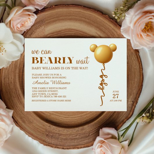 Elegant Gold Bear Balloon Bearly Wait Neutral 招待状