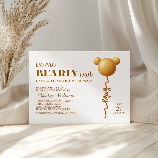Elegant Gold Bear Balloon Bearly Wait Neutral 招待状