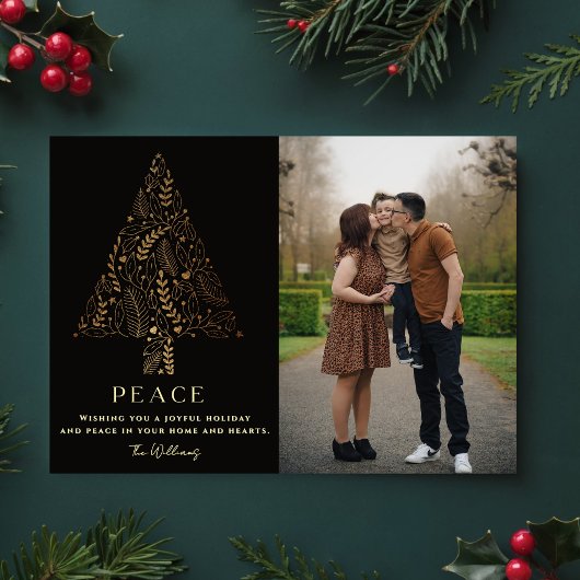 Elegant Gold & Black Family Tree Christmas Photo シーズンカード