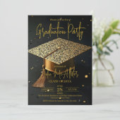 Elegant Gold Black Faux Glitter Cap Graduation 招待状 (スタンド正面)