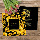 Elegant gold black flowers QR code professional スクエア名刺