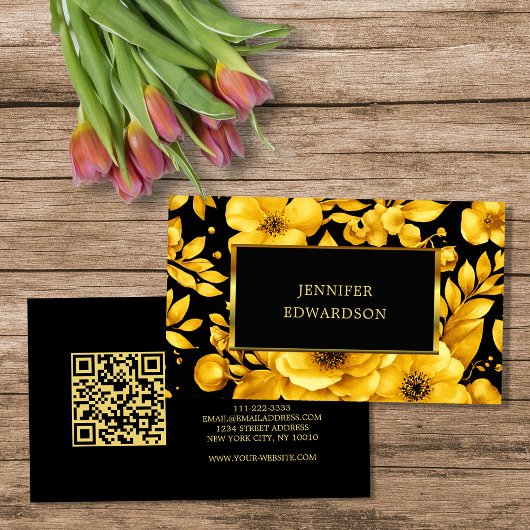 Elegant gold black flowers QR code professional 名刺