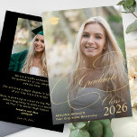 Elegant gold black graduate photo graduation 案内状<br><div class="desc">Classic faux gold calligraphy script high school college university simple stylish black graduation announcement with 2 custom photos and text template.</div>