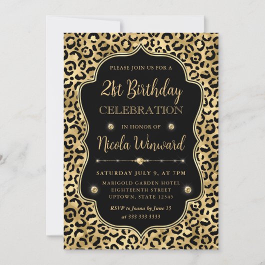 Elegant Gold & Black Leopard Print Birthday Party 招待状 (正面)
