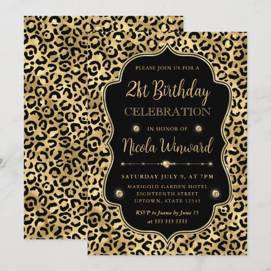 Elegant Gold & Black Leopard Print Birthday Party 招待状 (正面/裏面)