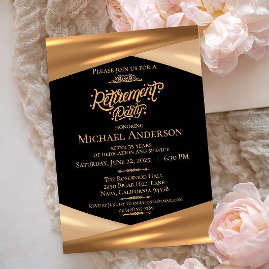 Elegant Gold Black Retirement Party  招待状