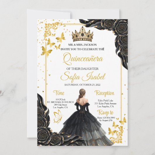 Elegant Gold Black Royal Quinceañera Invite 招待状 (正面)