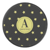 Elegant Gold & Black Star Pattern Monogram アイスホッケーパック (正面)