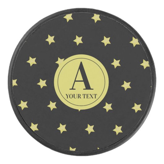 Elegant Gold & Black Star Pattern Monogram アイスホッケーパック (正面)