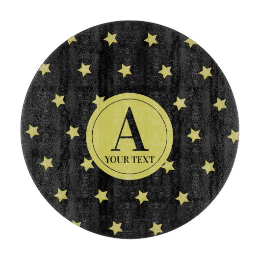 Elegant Gold & Black Star Pattern Monogram カッティングボード (正面)