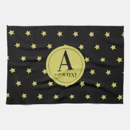 Elegant Gold & Black Star Pattern Monogram キッチンタオル