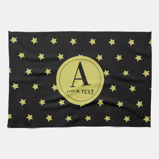 Elegant Gold & Black Star Pattern Monogram キッチンタオル (横)