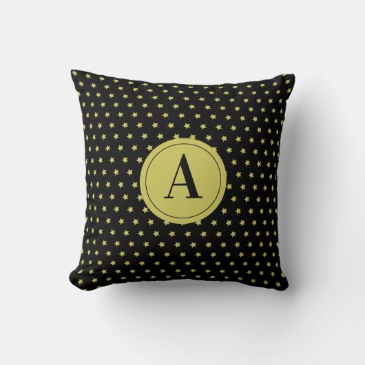 Elegant Gold & Black Star Pattern Monogram クッション (正面)