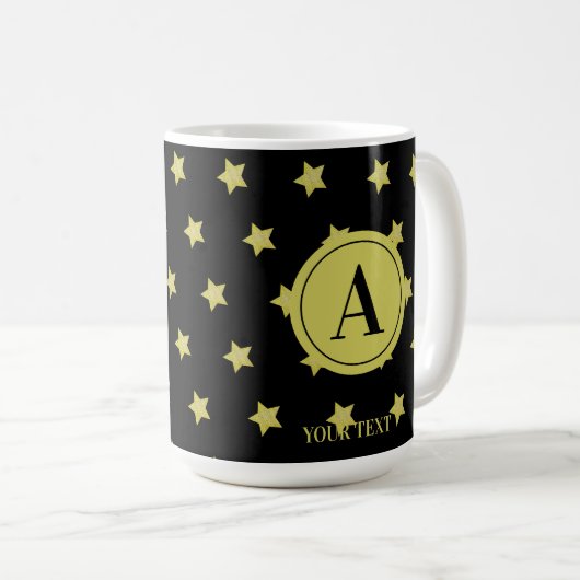 Elegant Gold & Black Star Pattern Monogram コーヒーマグカップ (正面右)