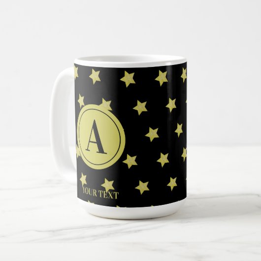 Elegant Gold & Black Star Pattern Monogram コーヒーマグカップ (正面左)