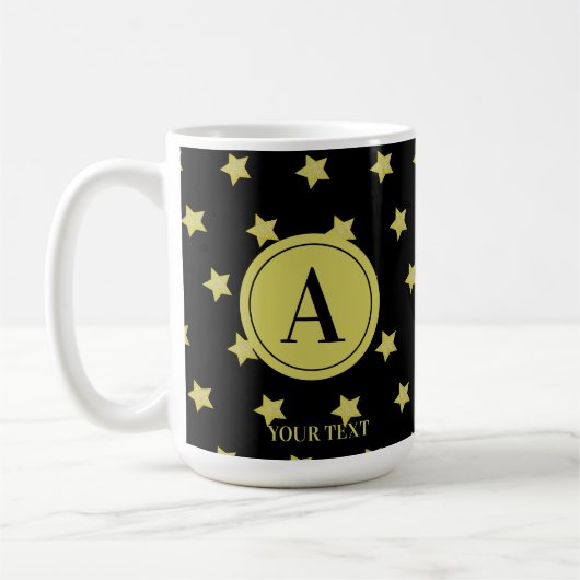 Elegant Gold & Black Star Pattern Monogram コーヒーマグカップ (左)