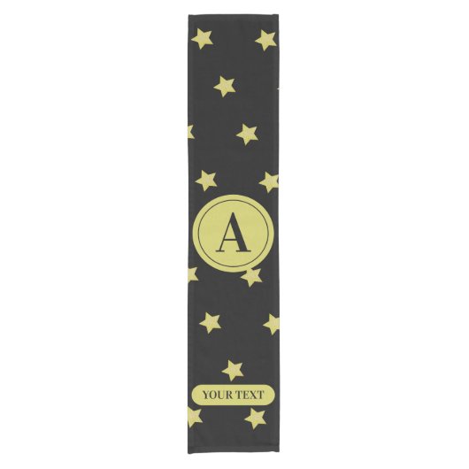 Elegant Gold & Black Star Pattern Monogram ショートテーブルランナー (正面)