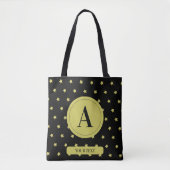 Elegant Gold & Black Star Pattern Monogram トートバッグ (正面)