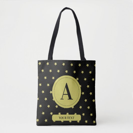 Elegant Gold & Black Star Pattern Monogram トートバッグ (正面)