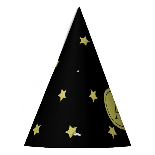 Elegant Gold & Black Star Pattern Monogram パーティーハット (左)