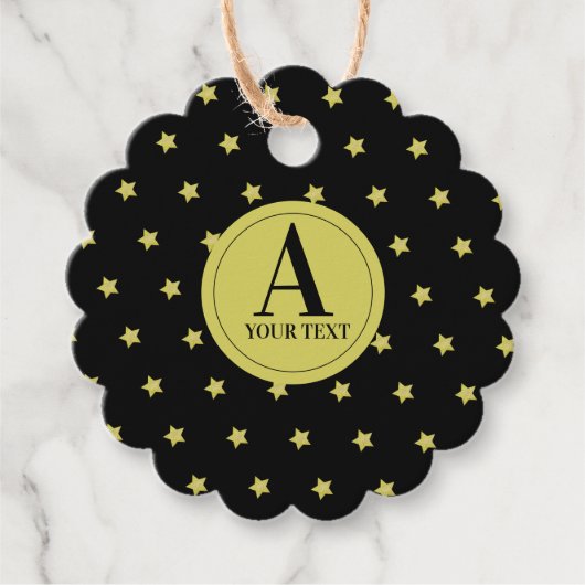 Elegant Gold & Black Star Pattern Monogram フェイバータグ (正面)