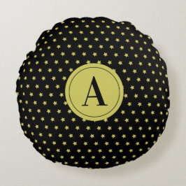 Elegant Gold & Black Star Pattern Monogram ラウンドクッション