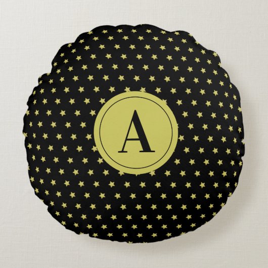 Elegant Gold & Black Star Pattern Monogram ラウンドクッション (正面)