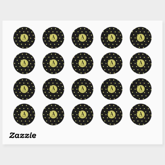 Elegant Gold & Black Star Pattern Monogram ラウンドシール (シート)