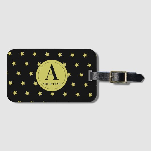 Elegant Gold & Black Star Pattern Monogram ラゲッジタグ (正面横)