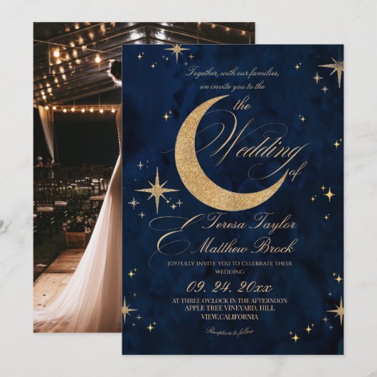 Elegant Gold & Blue Celestial Wedding  招待状 (正面/裏面)