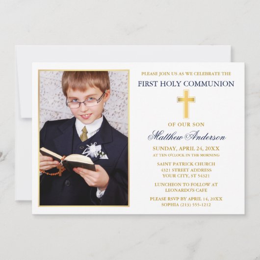Elegant Gold Blue First Holy Communion Photo 招待状 (正面)