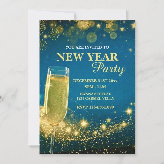 Elegant Gold & Blue New Year's Eve Party 招待状 (正面)