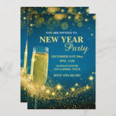 Elegant Gold & Blue New Year's Eve Party 招待状 (正面/裏面)